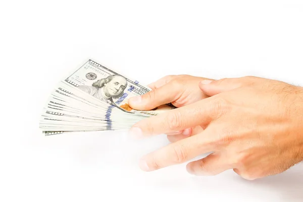 Business Money dollars in de handen van een witte achtergrond — Stockfoto