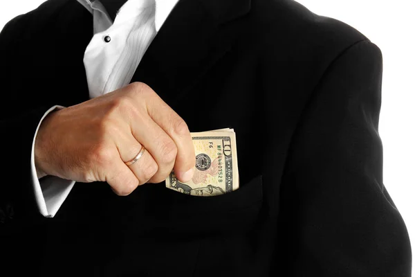 Business man holding money on white background — Stock Photo, Image