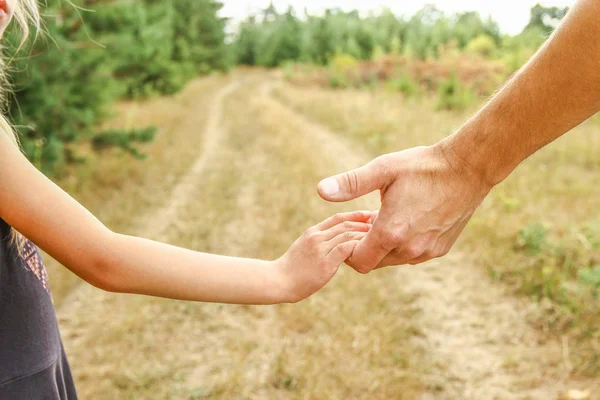 Bir parkta doğada bir ebeveyn ve çocuğun şık elleri geri — Stok fotoğraf