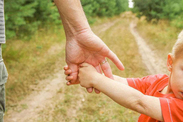 Las manos elegantes de un padre y un niño en la naturaleza en un parque — Foto de Stock