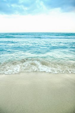 Arka planda dalgalar olan güzel bir sahil.