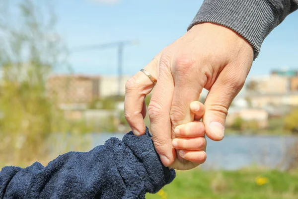 Стильные руки родителя и ребенка на природе в парке назад — стоковое фото