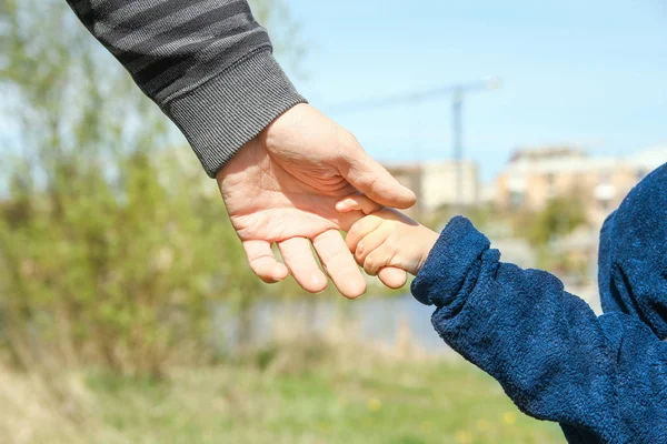 Stílusos kezében egy szülő és gyermek a természetben egy parkban vissza — Stock Fotó