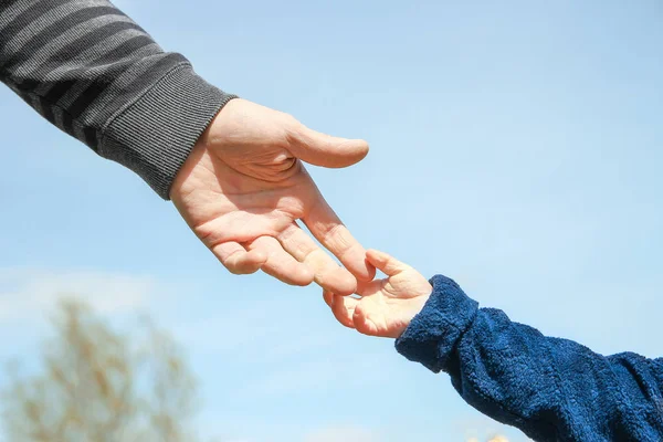 Las manos elegantes de un padre y un niño en la naturaleza en un parque — Foto de Stock