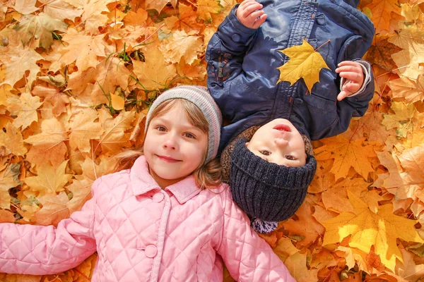 Niños jugando con hojas caídas de otoño en el parque — Foto de Stock