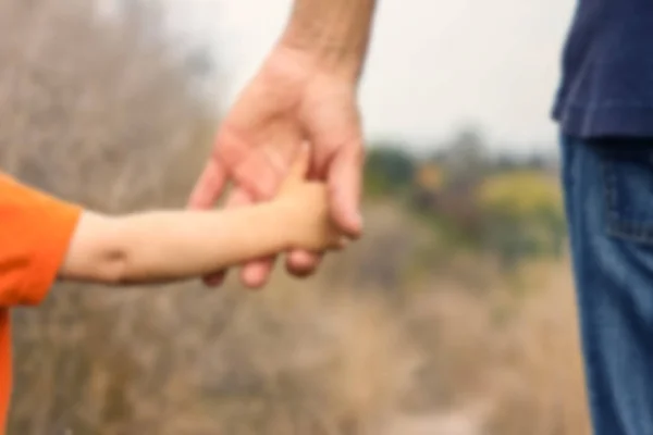 Beautiful hands of a happy child and parent in the nature park — Stock Photo, Image