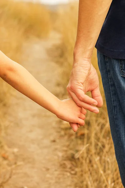 Belle mani di un bambino felice e genitore nel parco naturale — Foto Stock