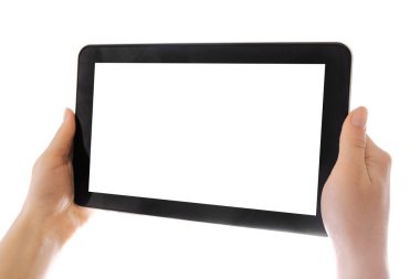 İnsan eliyle yapılan tablet bilgisayar dokunmatik ekran cihazıyla izole edilmiş.