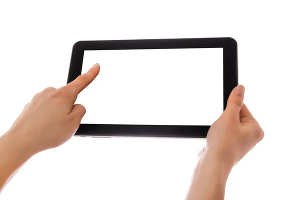 Em mãos humanas tablet computador dispositivo touch-screen com isolado — Fotografia de Stock