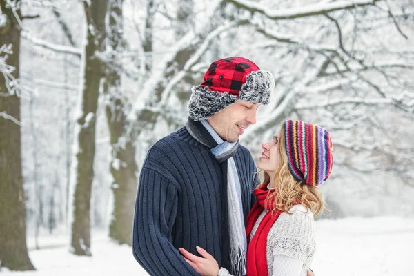 Casal bonito elegante no parque de inverno em um fundo de natureza — Fotografia de Stock