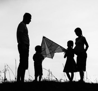 Mutlu aile doğada oynuyor yaz siluetinde