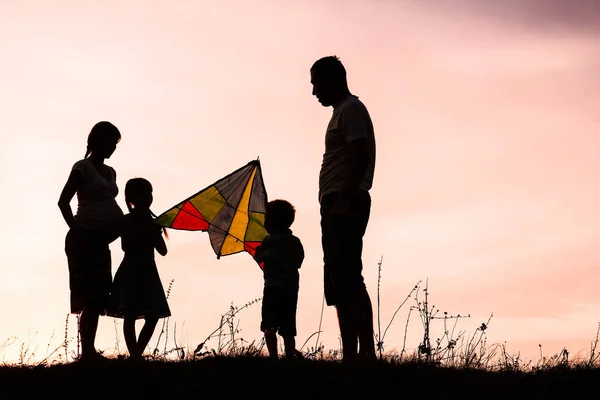 Gelukkig gezin spelen op de natuur zomer silhouet — Stockfoto