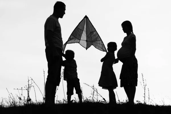 Felice famiglia che gioca sulla silhouette estiva della natura — Foto Stock
