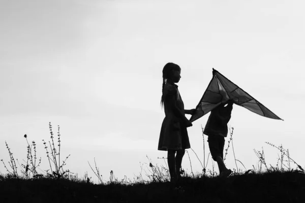 Doğa yaz silueti üzerinde oynayan mutlu çocuklar — Stok fotoğraf