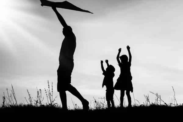 Glückliche Eltern mit Kindern spielen auf Natur Sommer Silhouette — Stockfoto