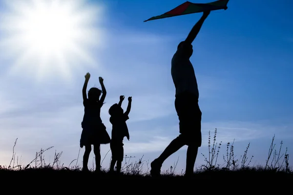 Genitore felice con bambini che giocano sulla silhouette estiva della natura — Foto Stock