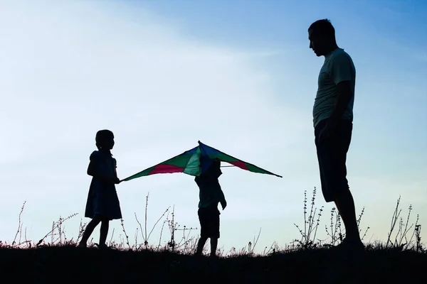 Gelukkig ouder met kinderen spelen op de natuur zomer silhouet — Stockfoto