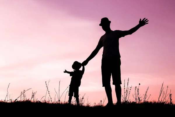 Genitore felice con bambini che giocano sulla silhouette estiva della natura — Foto Stock