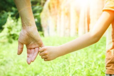 doğada bir parkta bir çocuk ve bir ebeveynin güzel eller