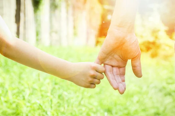 Belas mãos de uma criança e um pai em um parque na natureza — Fotografia de Stock