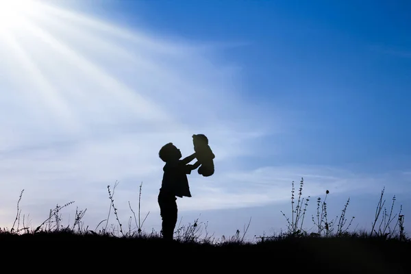 Gelukkige kinderen spelen op natuur zomer silhouet — Stockfoto