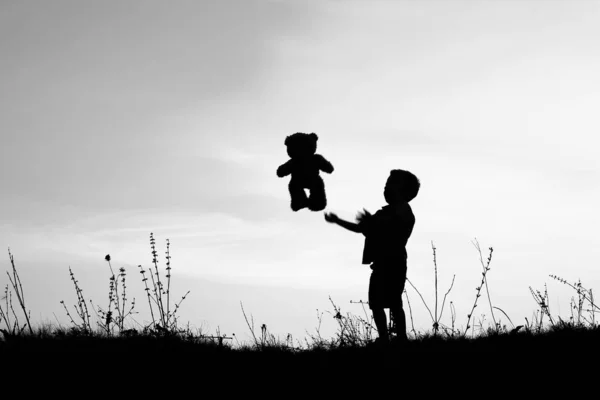 Bambini felici che giocano sulla silhouette estiva della natura — Foto Stock