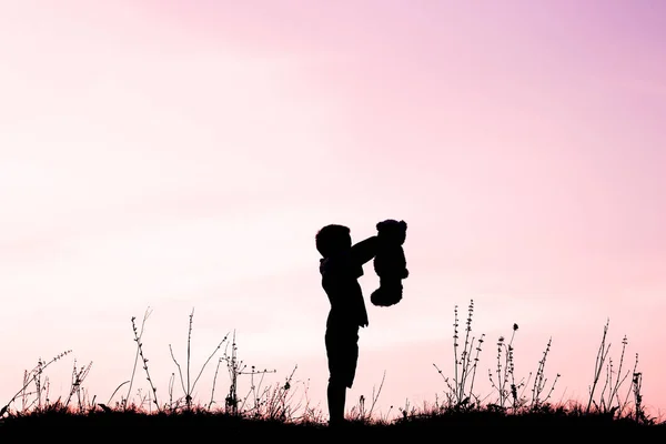 Bambini felici che giocano sulla silhouette estiva della natura — Foto Stock