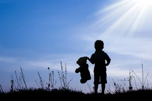 Genitore felice con bambini che giocano sulla silhouette estiva della natura — Foto Stock