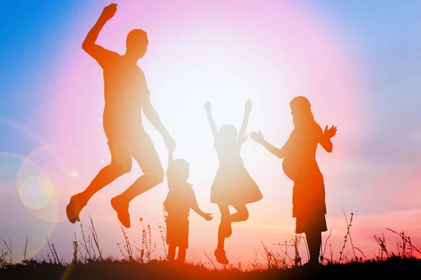Glückliche Familie spielt auf Natur Sommer Silhouette — Stockfoto