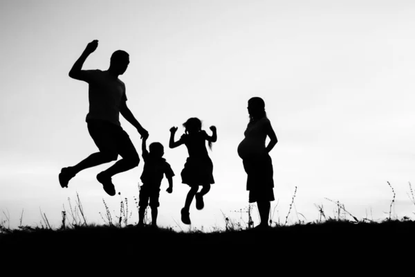 Happy family playing on nature summer silhouette