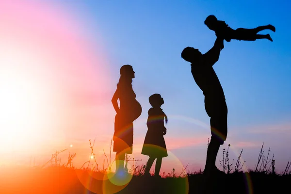 Glad familj leker på naturen sommar siluett — Stockfoto