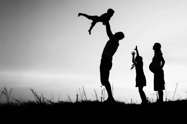 Ευτυχισμένη οικογένεια παίζει στη φύση καλοκαιρινή σιλουέτα — Φωτογραφία Αρχείου