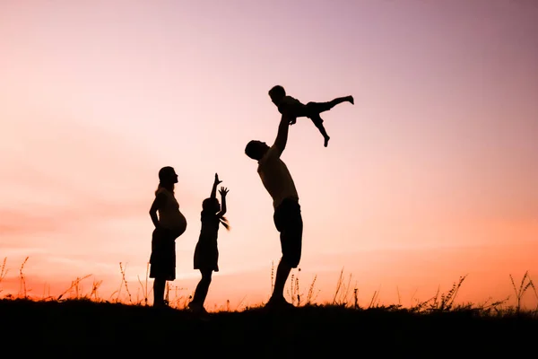 Happy rodina hrát na přírodu letní silueta — Stock fotografie