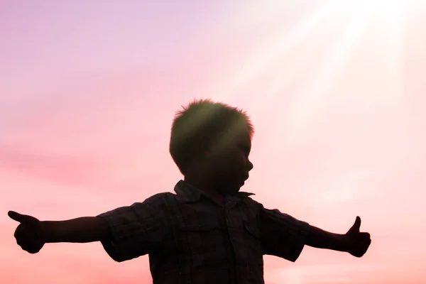 เด็กที่มีความสุขเล่นบนธรรมชาติ สีลูเอทฤดูร้อน — ภาพถ่ายสต็อก