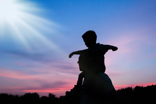 Happy parent with children playing on nature summer silhouette — Stock Photo, Image