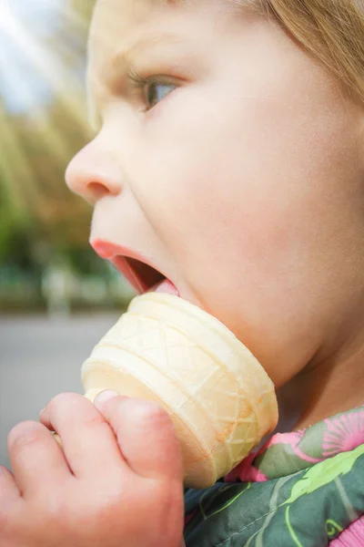 Niño feliz comiendo helado en el parque natural de la ciudad —  Fotos de Stock