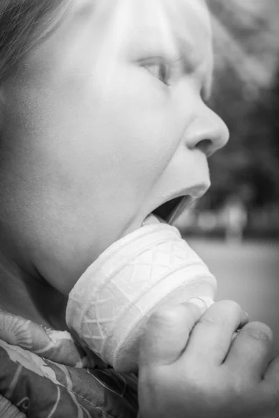 Bambino felice che mangia gelato nel parco naturale della città — Foto Stock