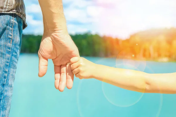 Händerna på en förälder och barn i naturen i en park vid havet — Stockfoto