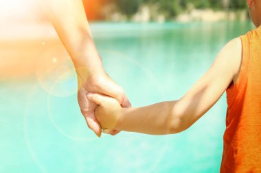 deniz tarafından bir parkta doğada bir ebeveyn ve çocuk elleri