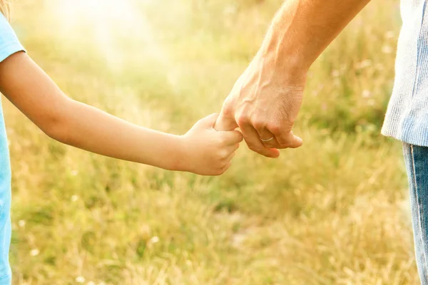 Hands of parent and child in nature — Stock Photo, Image