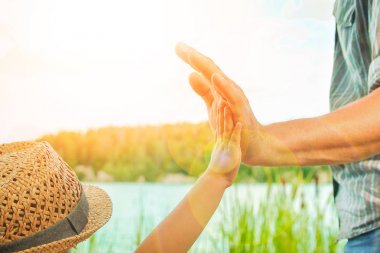 deniz tarafından bir parkta doğada bir ebeveyn ve çocuk elleri