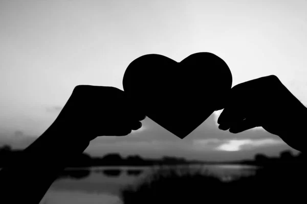 Happy couple silhouette on the sunset background nature — Stock Photo, Image