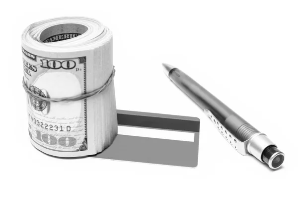 dollar money business visa card and pen on a white background