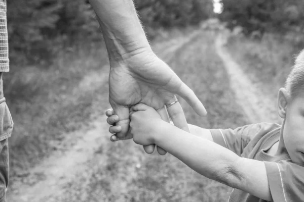 Las manos elegantes de un padre y un niño en la naturaleza en un parque —  Fotos de Stock