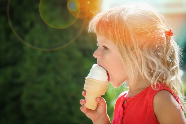 Niño feliz comiendo helado en la naturaleza del parque Imagen de archivo