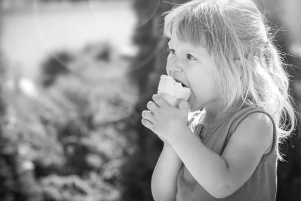 Boldog gyermek eszik fagylaltot a természet a park — Stock Fotó