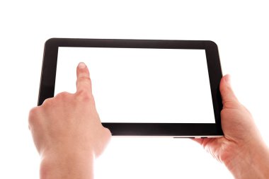 İnsan eliyle yapılan tablet bilgisayar dokunmatik ekran cihazıyla izole edilmiş.