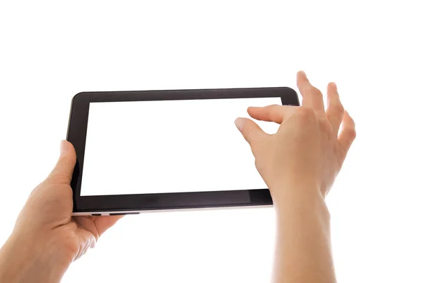 In human hands tablet computer touch-screen gadget with isolated — Stock Photo, Image