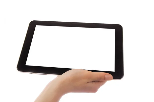 Em mãos humanas tablet computador dispositivo touch-screen com isolado — Fotografia de Stock