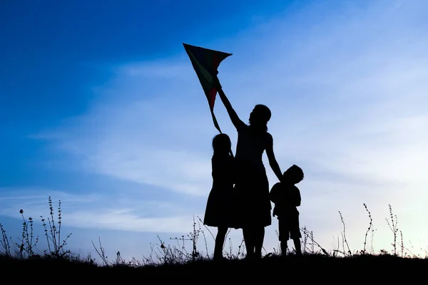 Gelukkig ouder met kinderen spelen op de natuur zomer silhouet — Stockfoto